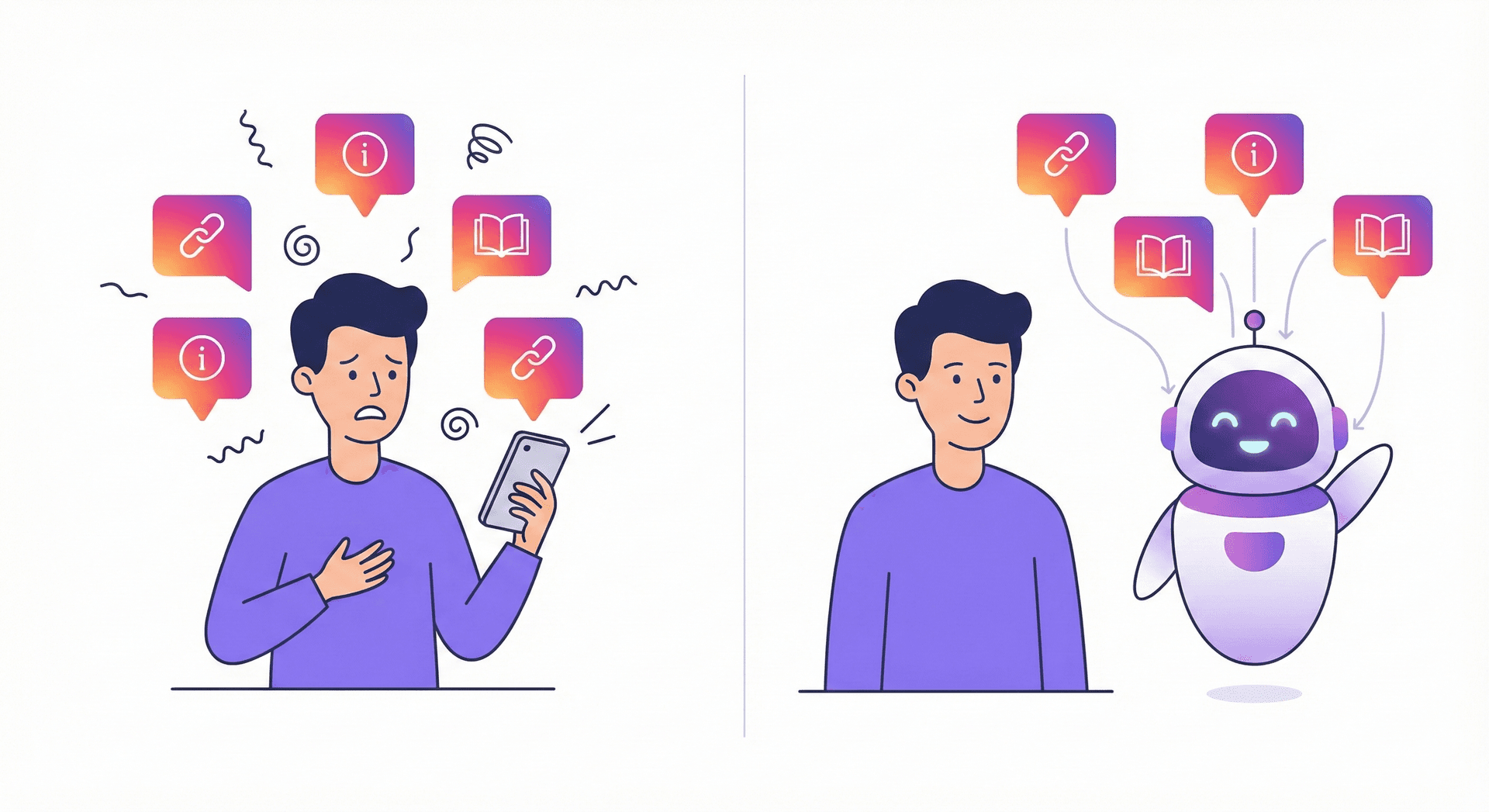Instagram DM automation before and after - showing how automation helps manage information overload